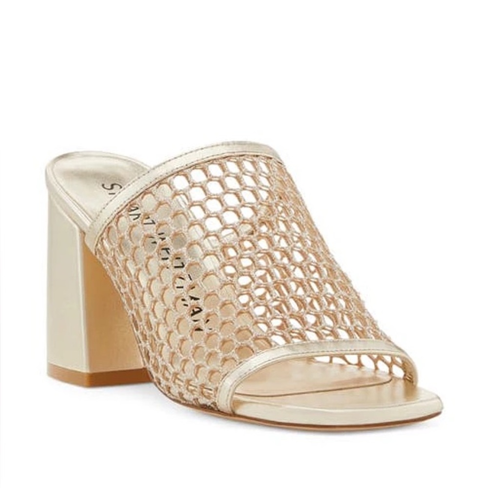 Stuart Weitzman Cayman Mesh Gold Mules with Chunky Heel